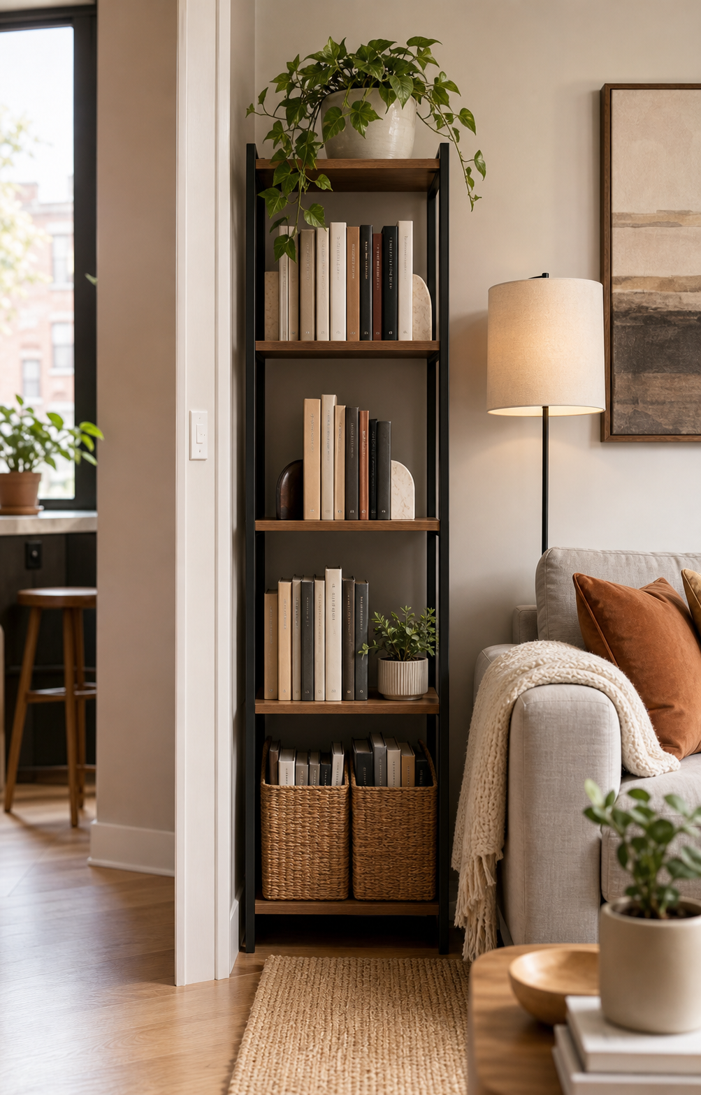 Small apartment book storage ideas with a narrow bookcase beside a compact sofa