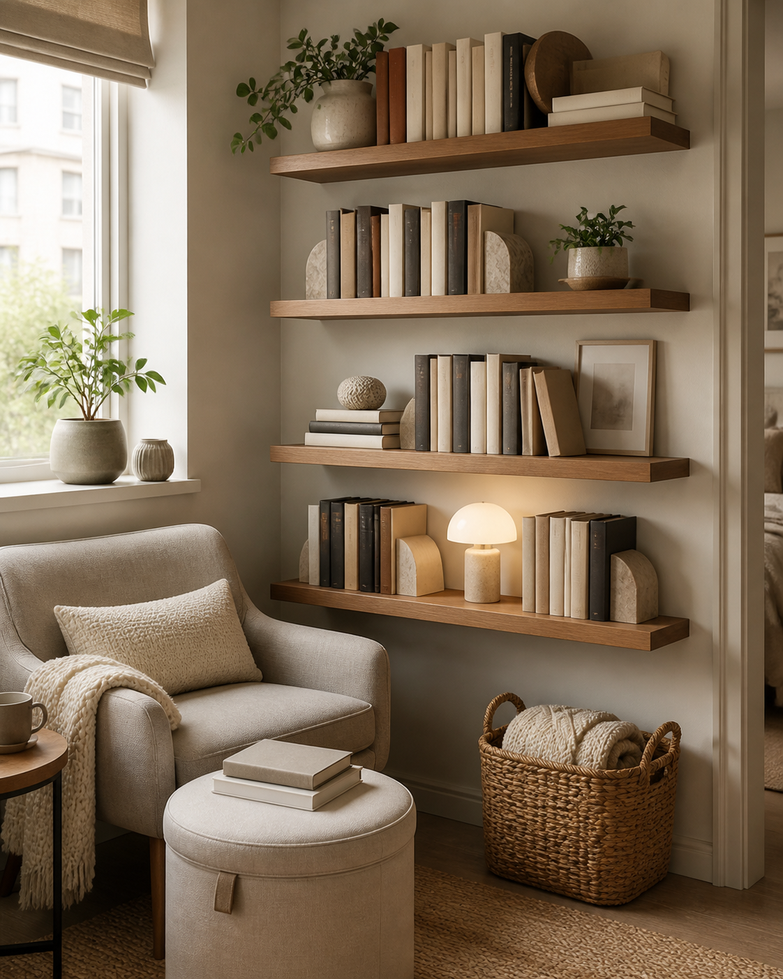 Small apartment book storage ideas with shallow floating shelves and a reading chair