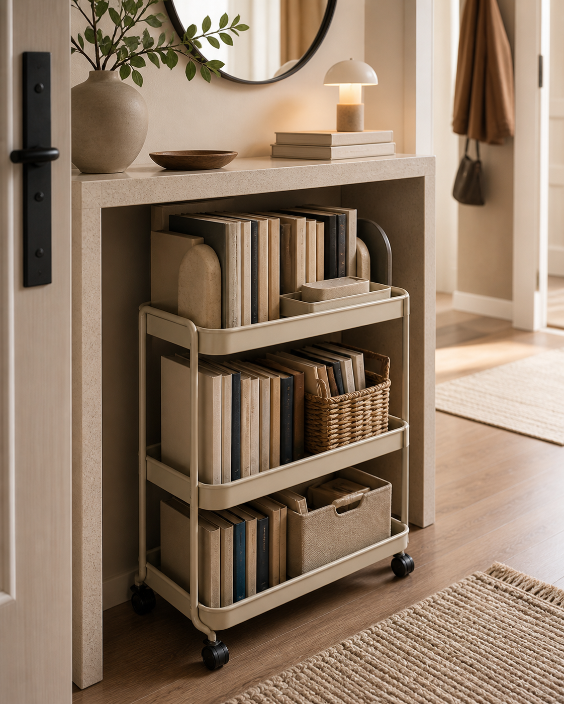 Small apartment book storage ideas with a slim rolling book cart under a hallway console