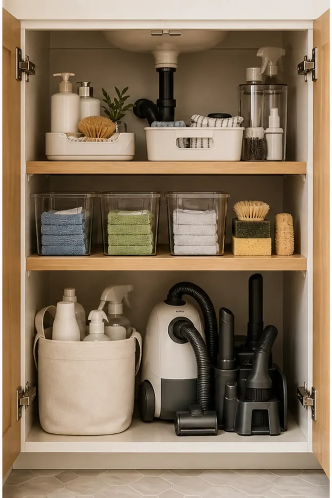 small apartment cleaning closet organization broom and mop wall zone