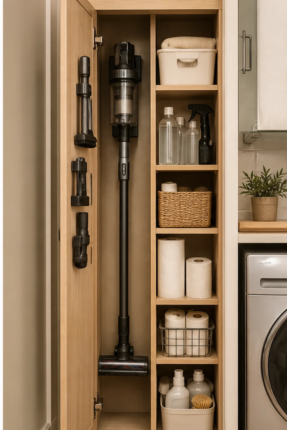 small apartment cleaning closet organization vacuum attachment shelf