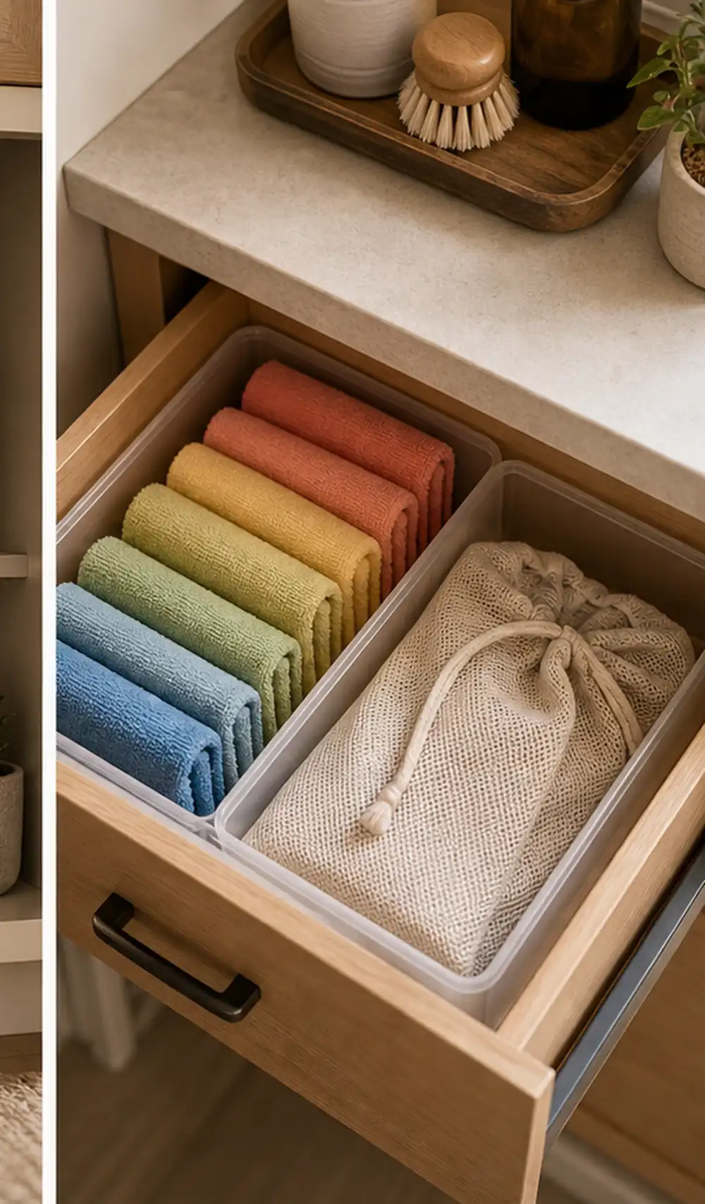 small apartment cleaning rag storage utility drawer cloth stacks