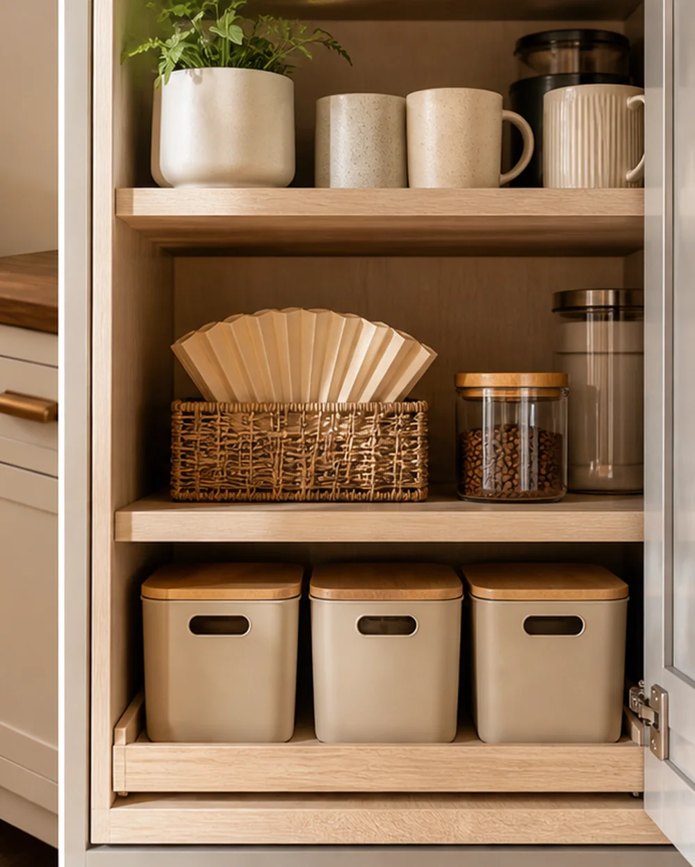 small apartment coffee station organization cabinet mug and filter shelf