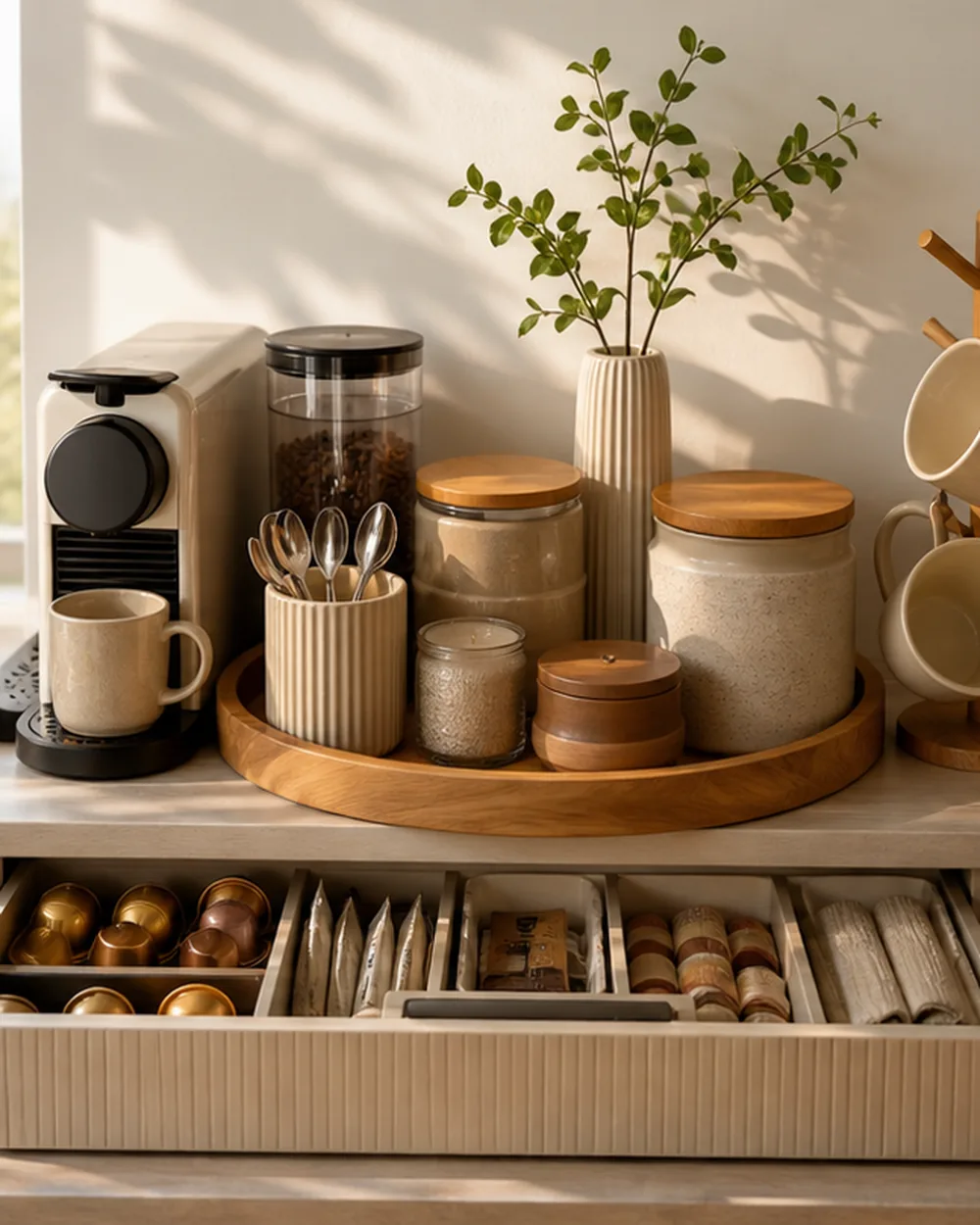 small apartment coffee station organization countertop coffee tray