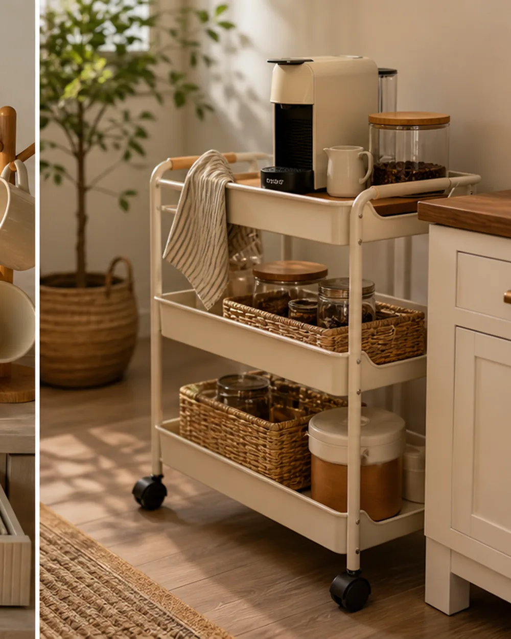 small apartment coffee station organization rolling cart coffee zone