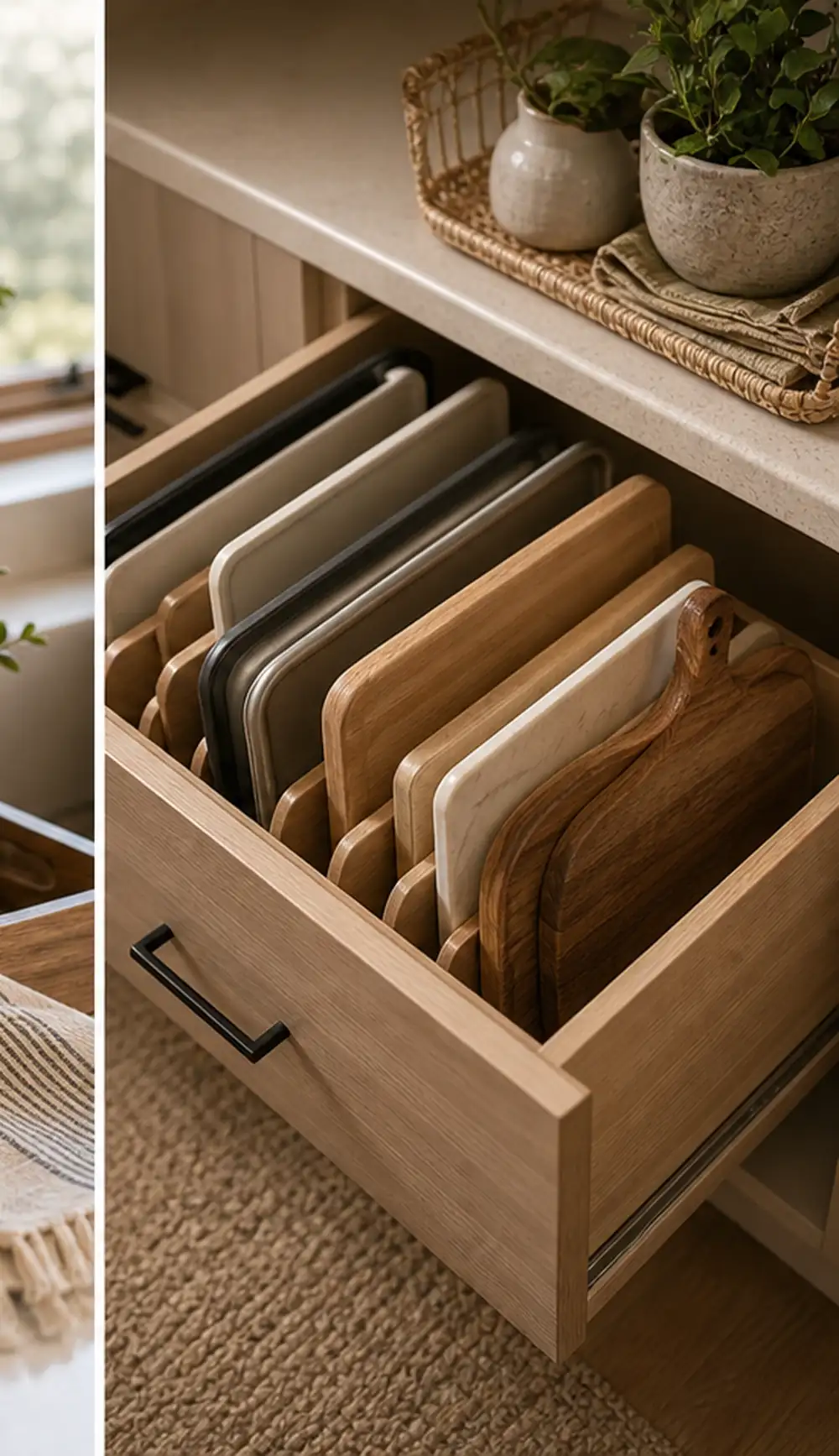 small apartment cutting board storage deep drawer board dividers