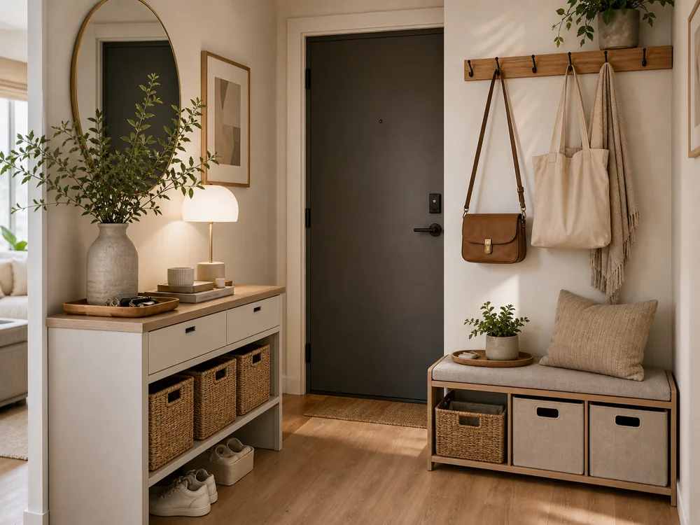 small apartment entryway organization bench console drop zone