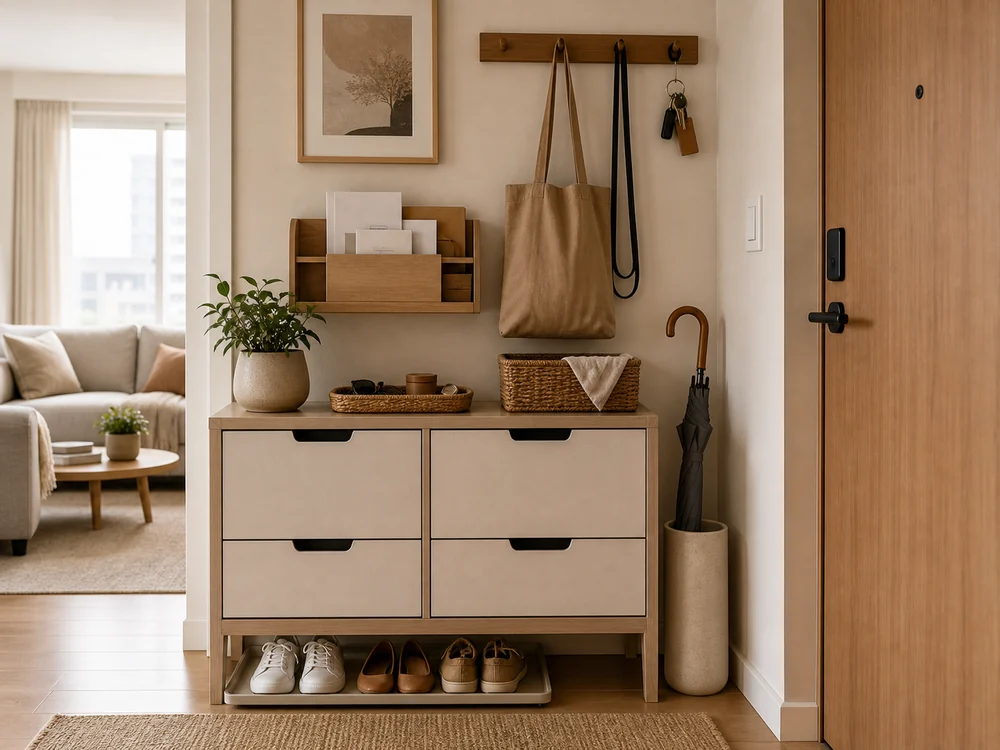small apartment entryway organization compact cabinet returns bin