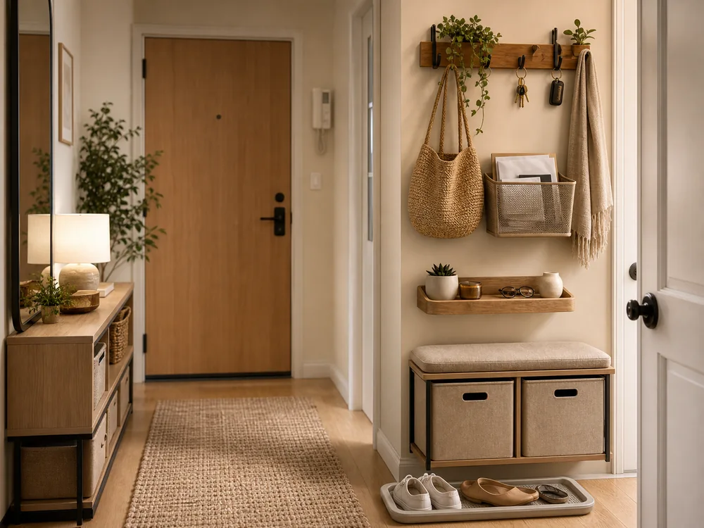 small apartment entryway organization wall rail mail basket