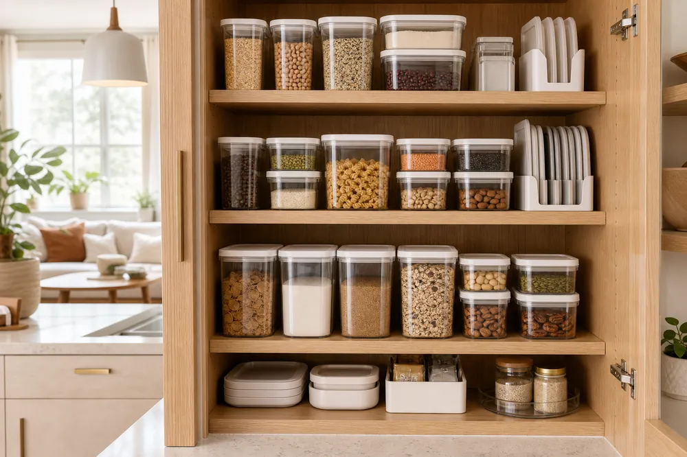 small apartment food container storage ideas cabinet container lid zones