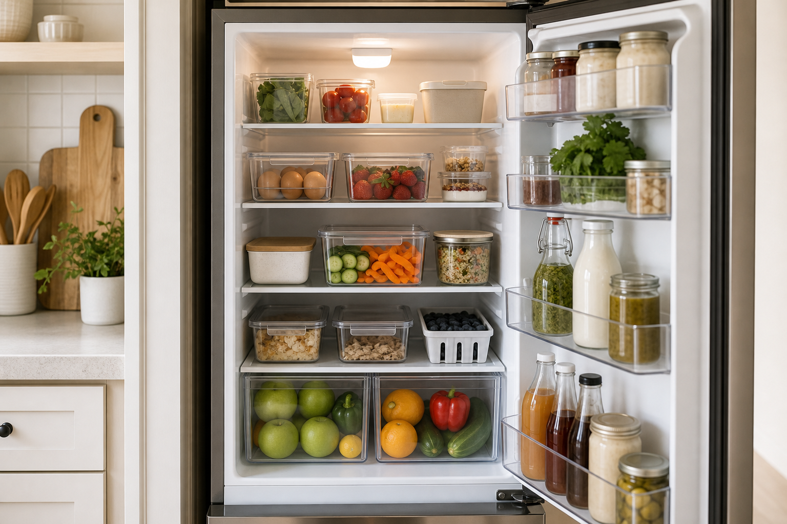 Small apartment fridge organization with premium AI generated clear bins and produce zones