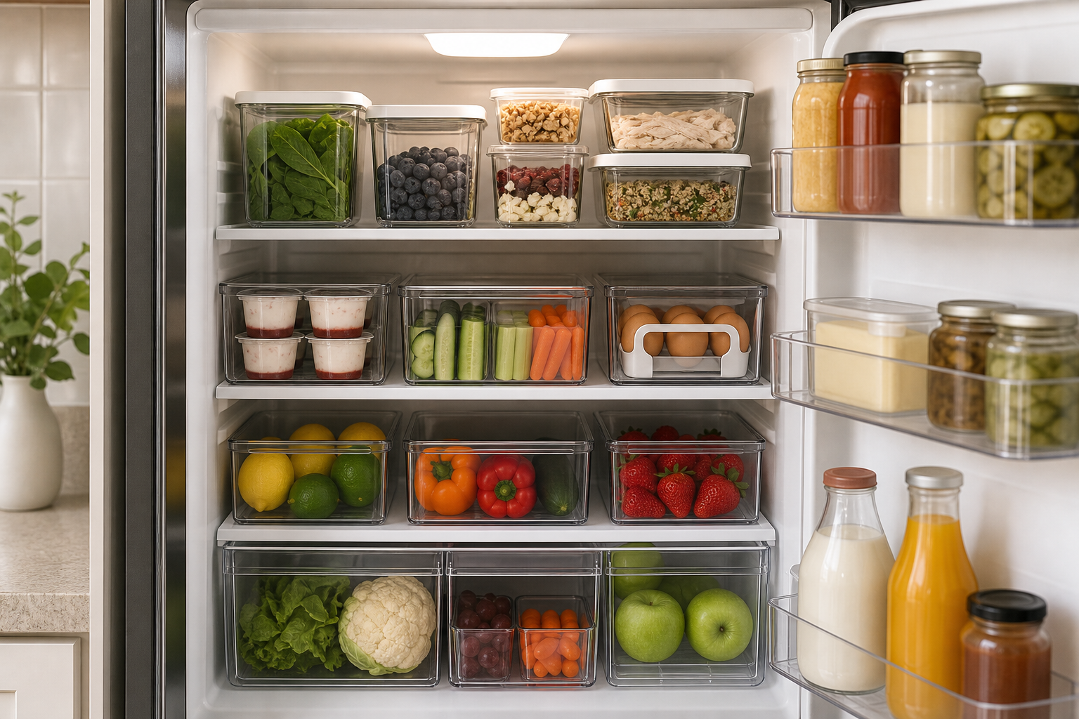 Small apartment fridge organization with AI generated meal prep containers and shelf zones