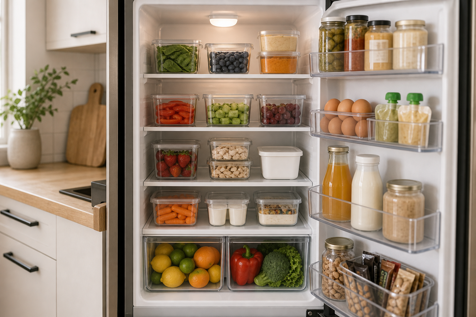 Small apartment fridge organization with a warm AI generated compact refrigerator reset