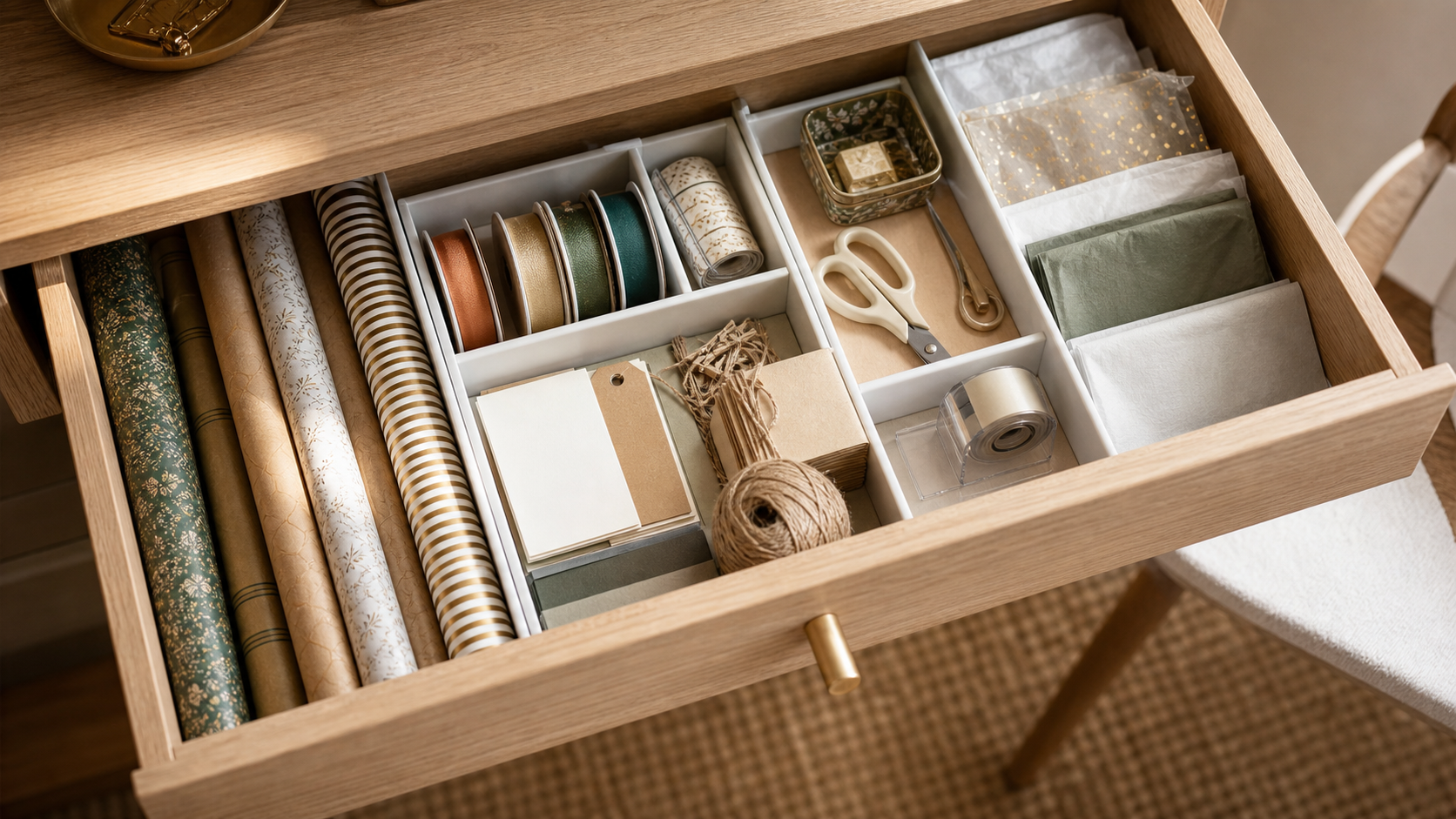 small apartment gift wrap storage ideas gift wrap desk drawer