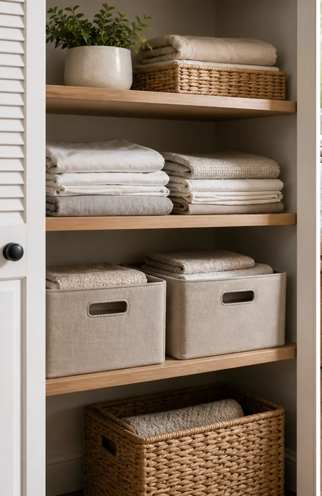 small apartment guest bedding storage closet guest sheet bins