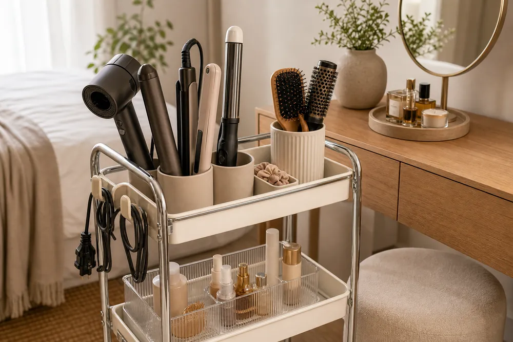 small apartment hair tool storage ideas rolling vanity hair tool cart