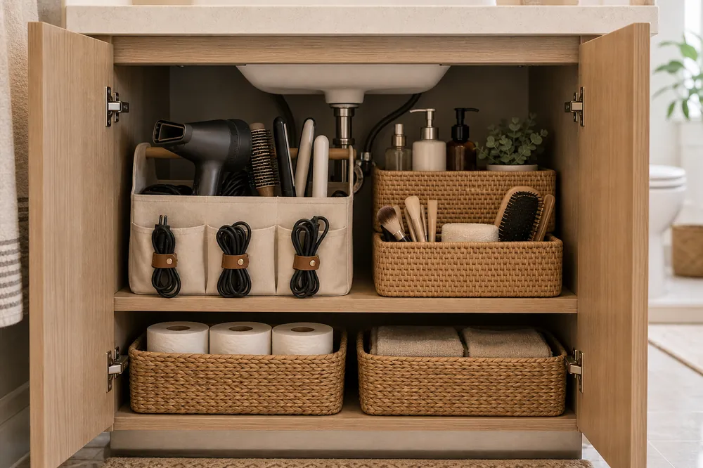 small apartment hair tool storage ideas under sink hair tool caddy