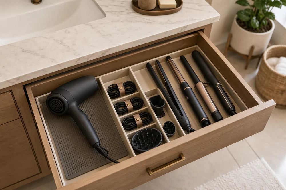 small apartment hair tool storage ideas vanity drawer cord wraps
