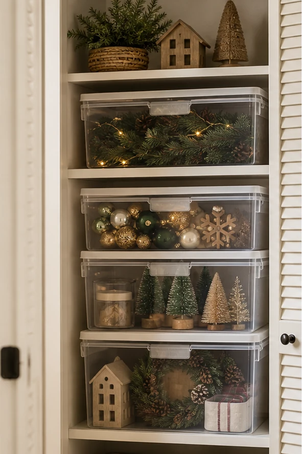small apartment holiday decor storage ideas closet seasonal bins
