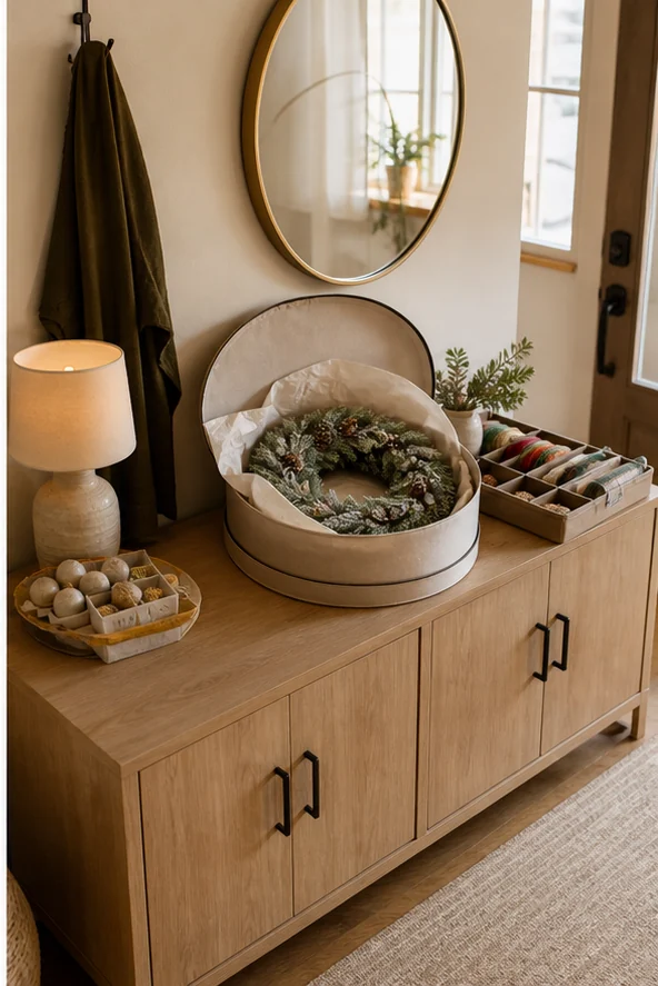 small apartment holiday decor storage ideas slim cabinet decor zone