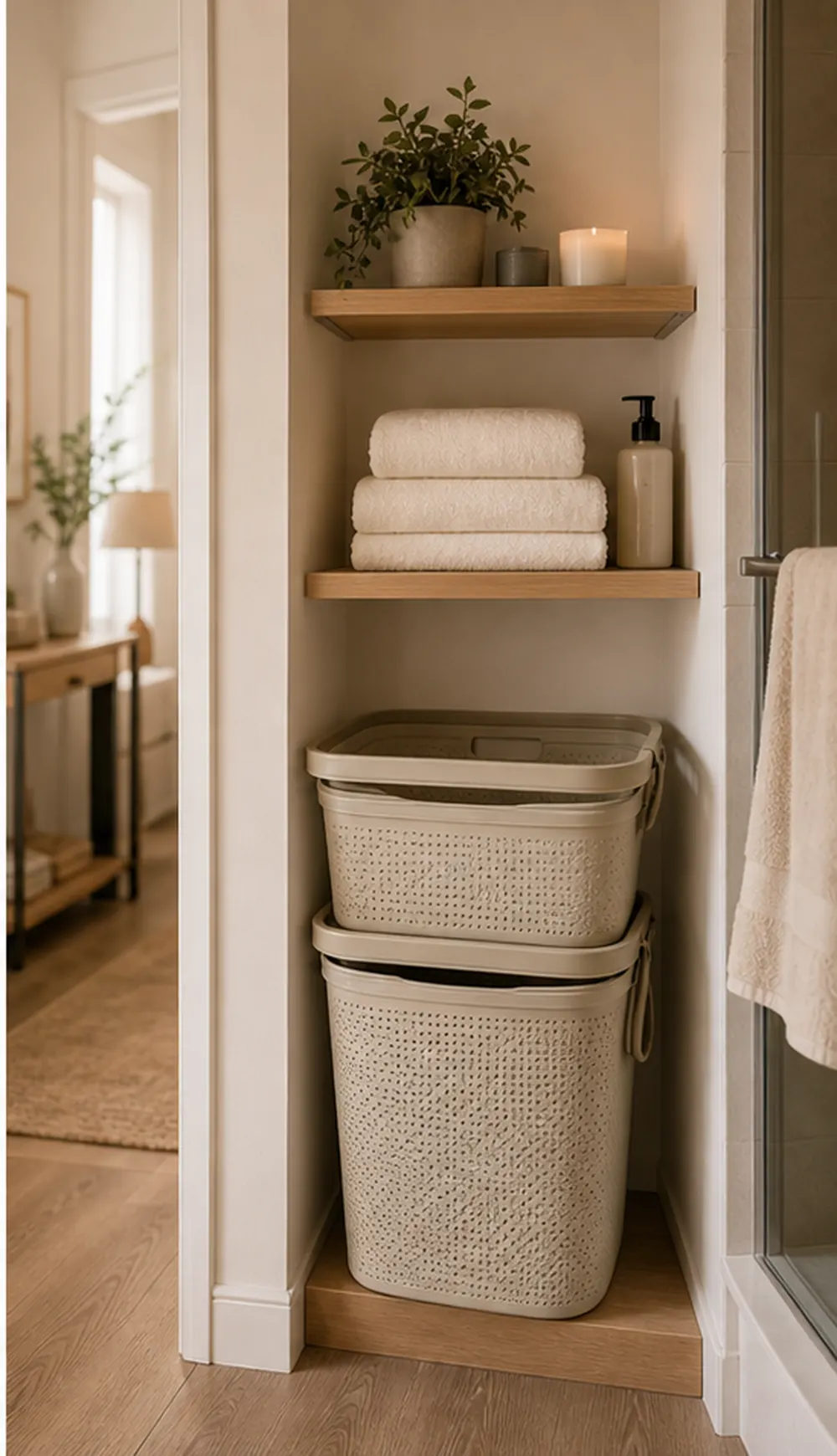 small apartment laundry basket storage hallway collapsible baskets