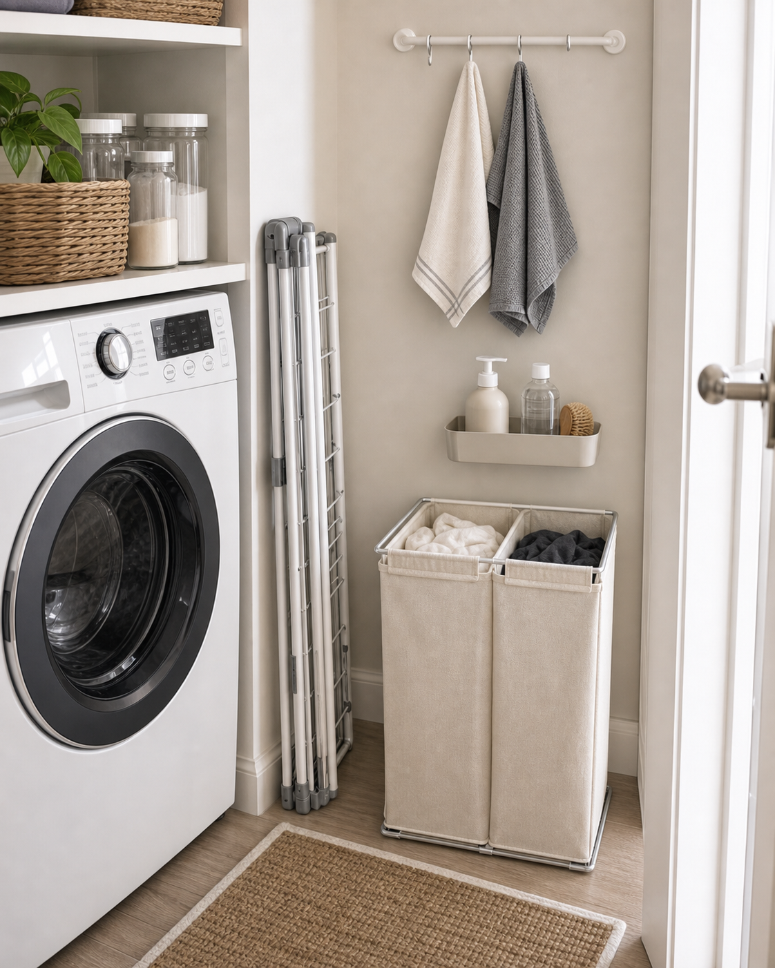 Small apartment laundry storage ideas with a foldable drying rack, divided hamper, and light hanging rail