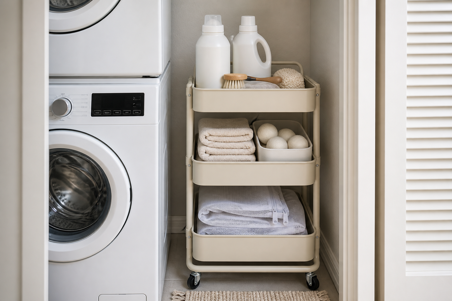 Small apartment laundry storage ideas using a slim rolling cart beside a stacked washer and dryer