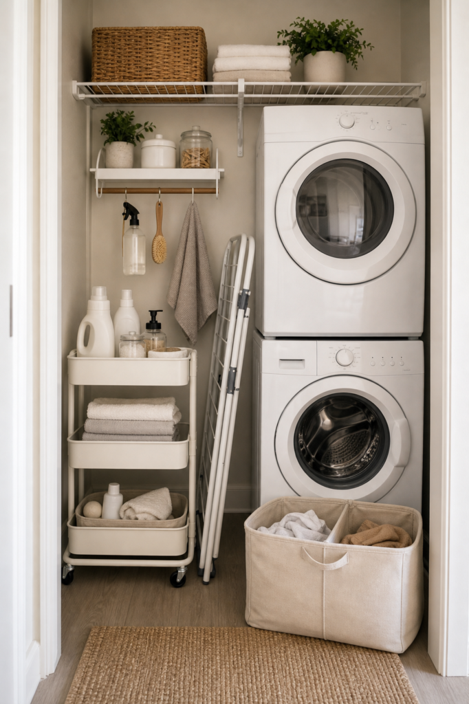 Small apartment laundry storage ideas with a slim cart, foldable drying rack, divided hamper, and compact supply zone