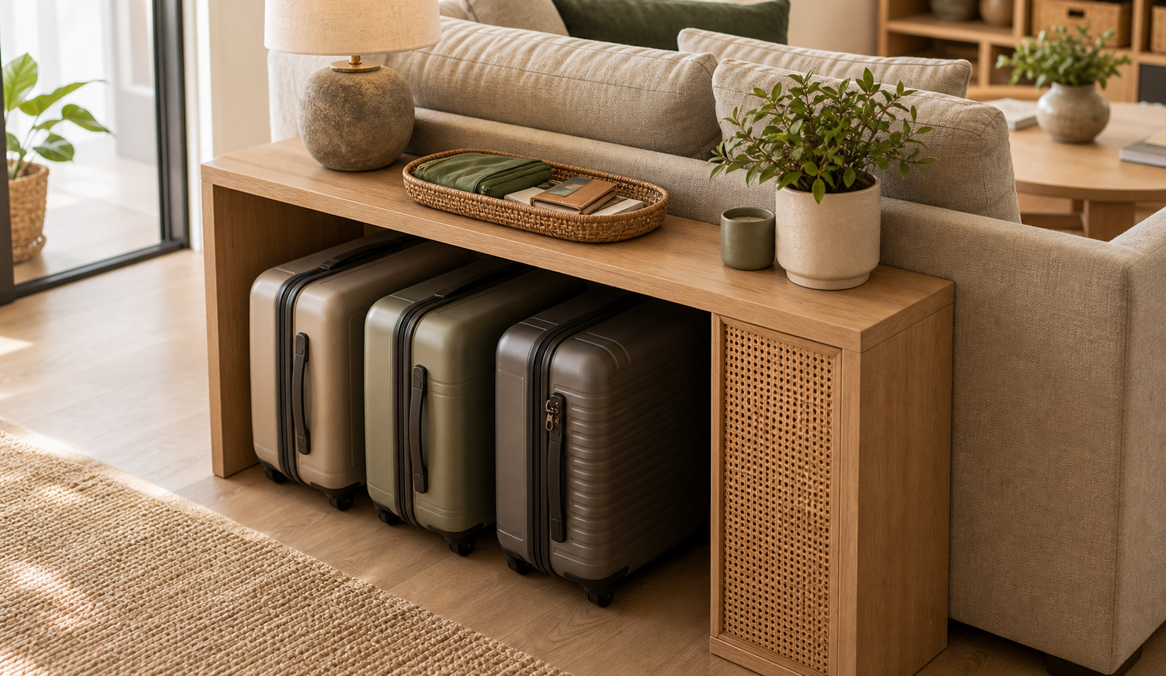 small apartment luggage storage ideas behind sofa luggage storage