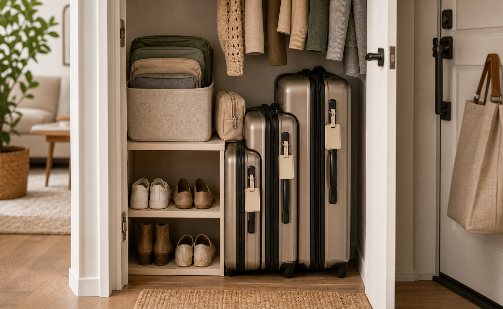 small apartment luggage storage ideas entry closet nested luggage