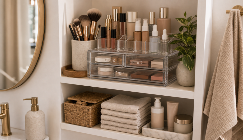 small apartment makeup storage ideas bathroom shelf makeup