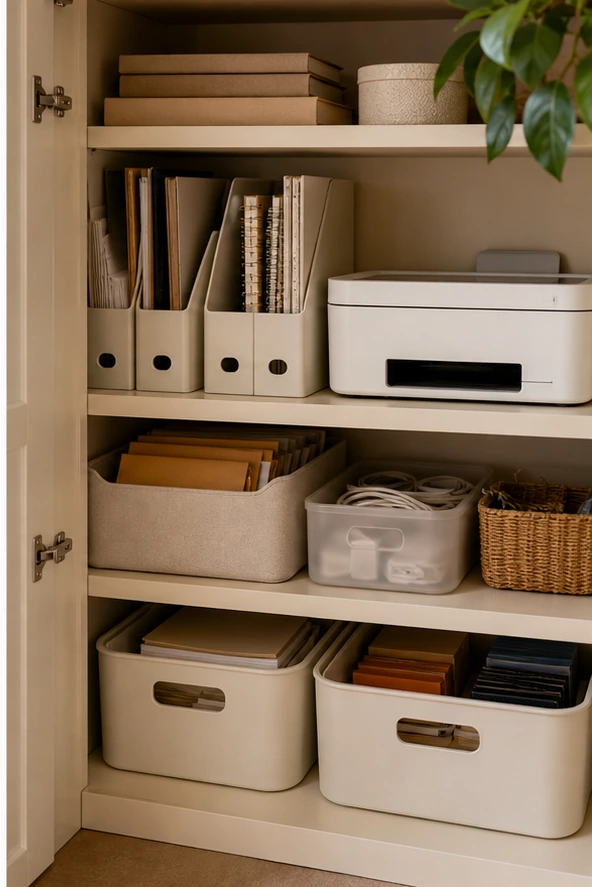 small apartment office supplies organization closed cabinet office shelf