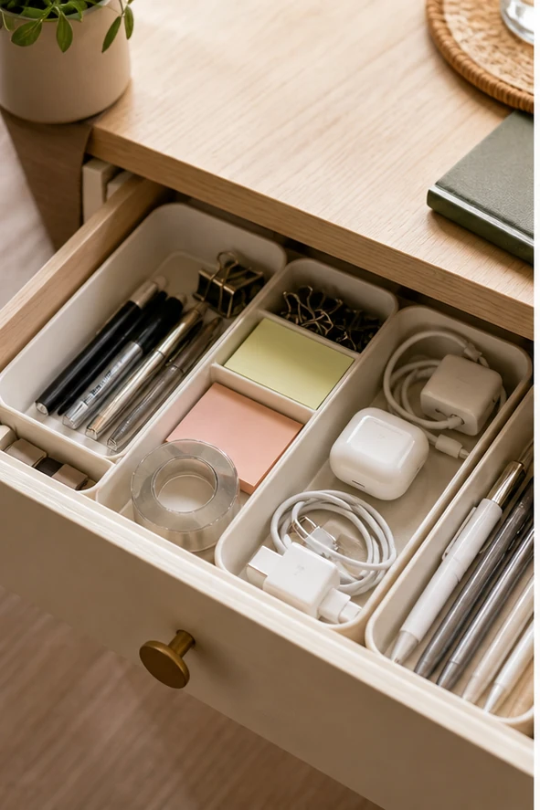small apartment office supplies organization tiny desk drawer dividers