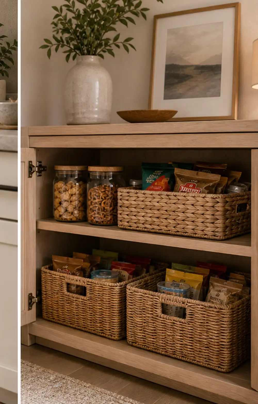 small apartment pantry overflow storage sideboard backstock baskets