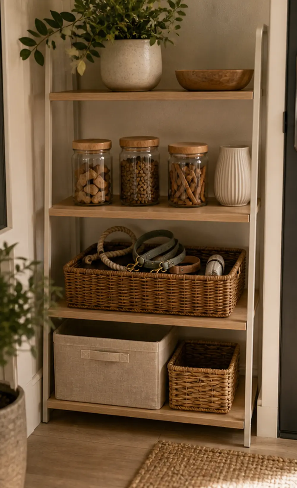 small apartment pet food storage ideas treat and leash shelf