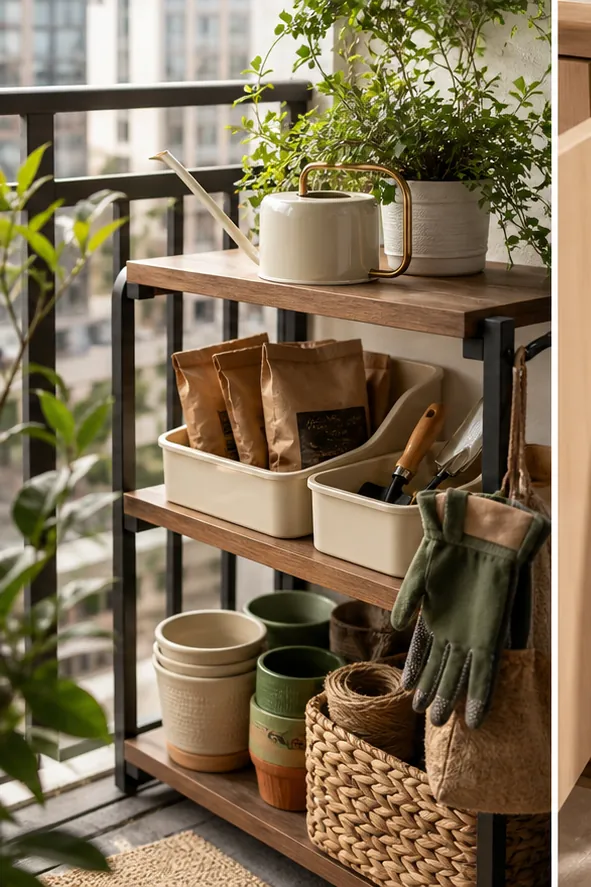 small apartment plant supplies storage balcony plant supply shelf