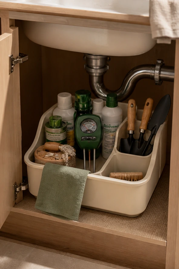 small apartment plant supplies storage plant care caddy