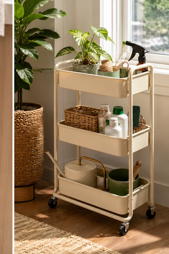 small apartment plant supplies storage rolling plant supply cart