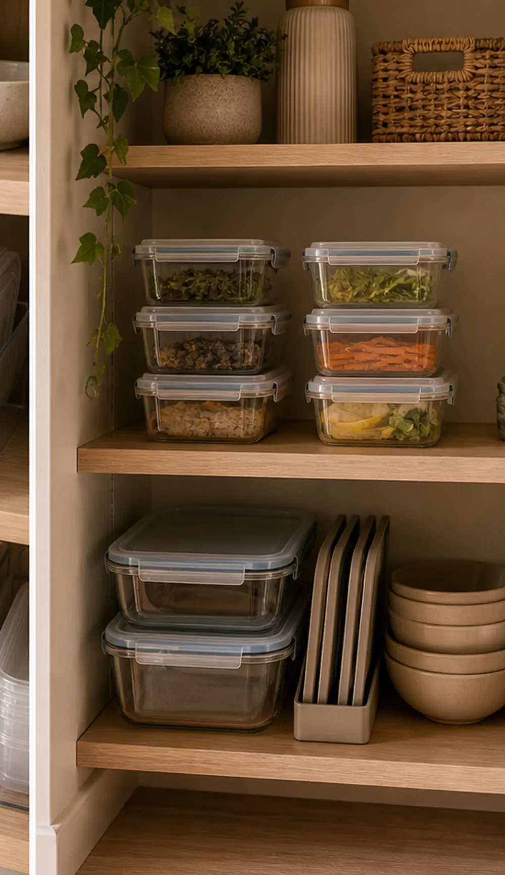 small apartment plastic container storage meal prep container shelf