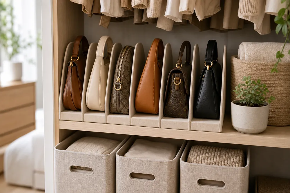 small apartment purse storage ideas closet handbag dividers