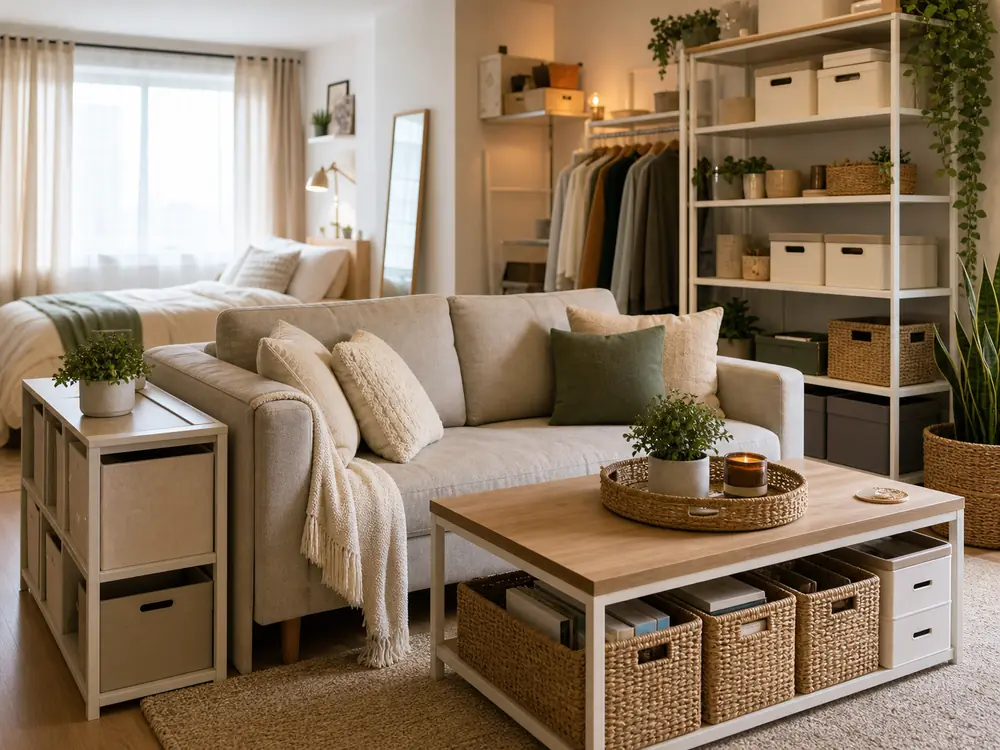 small apartment room organization ideas living sleeping storage zone