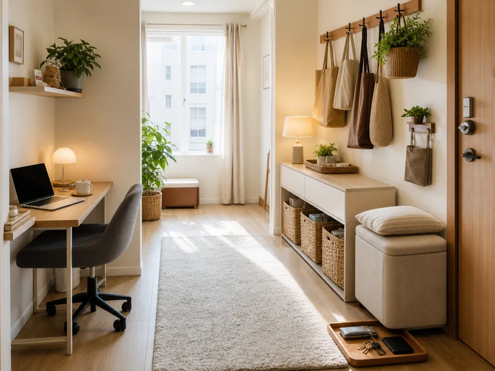 small apartment room organization ideas work entry storage zone
