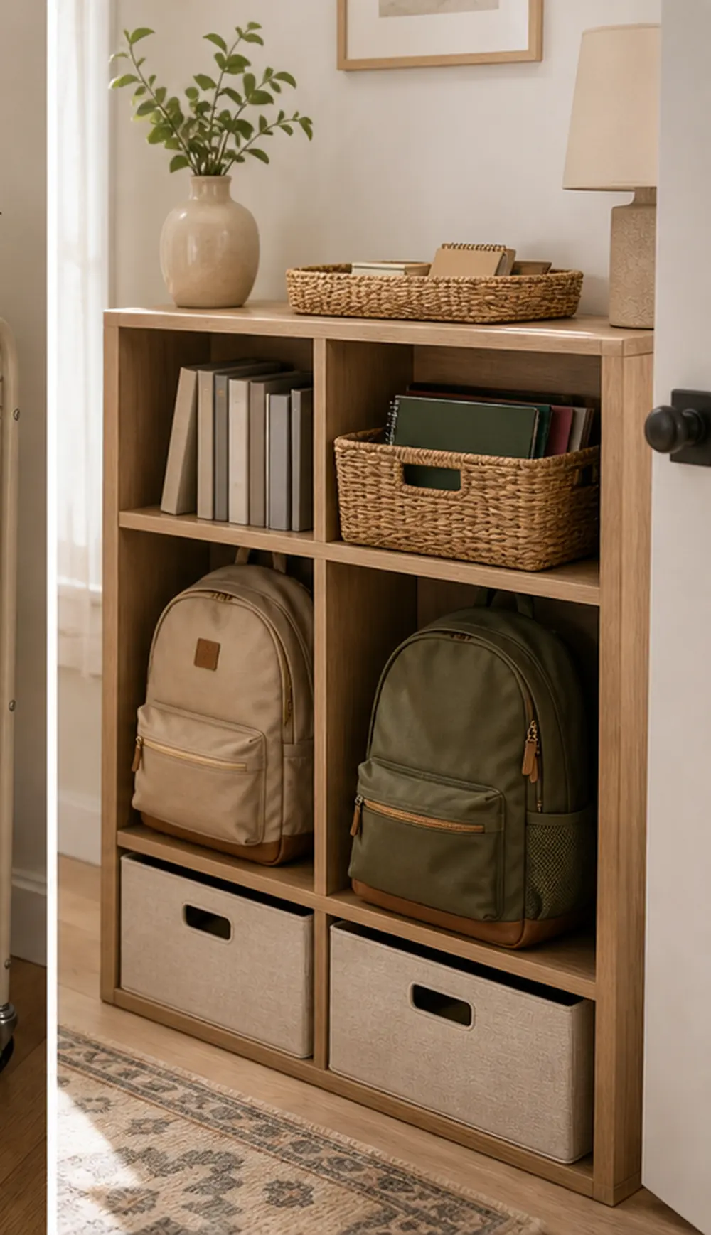 small apartment school supplies organization backpack homework shelf