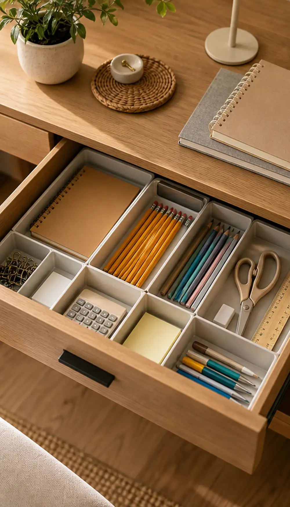 small apartment school supplies organization divided desk supply drawer