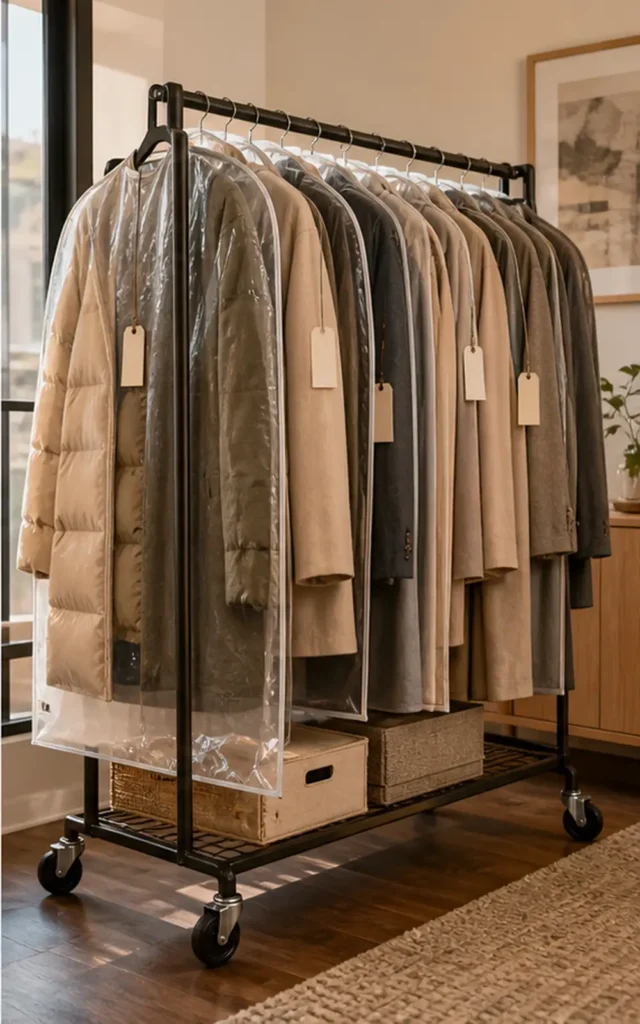small apartment seasonal clothing storage covered garment rack