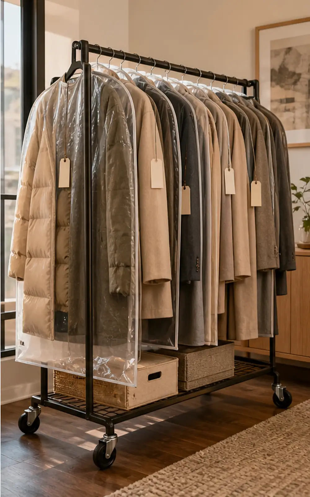 small apartment seasonal clothing storage covered garment rack