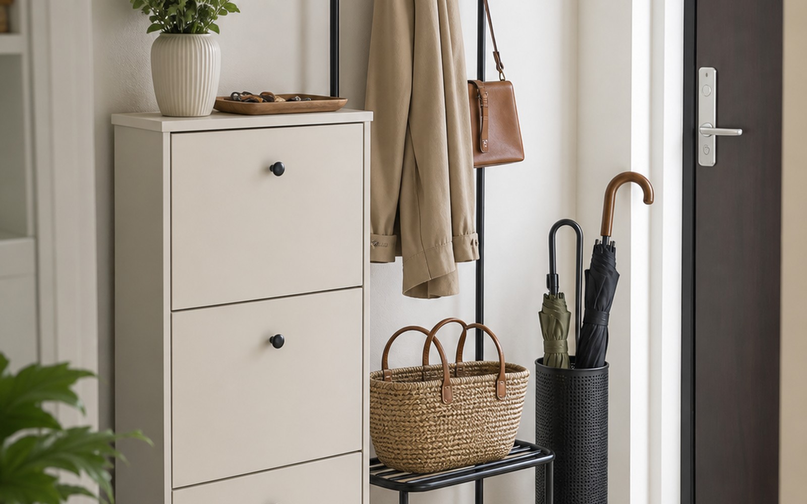 Small apartment shoe storage ideas with an AI generated apartment entry cabinet and hooks