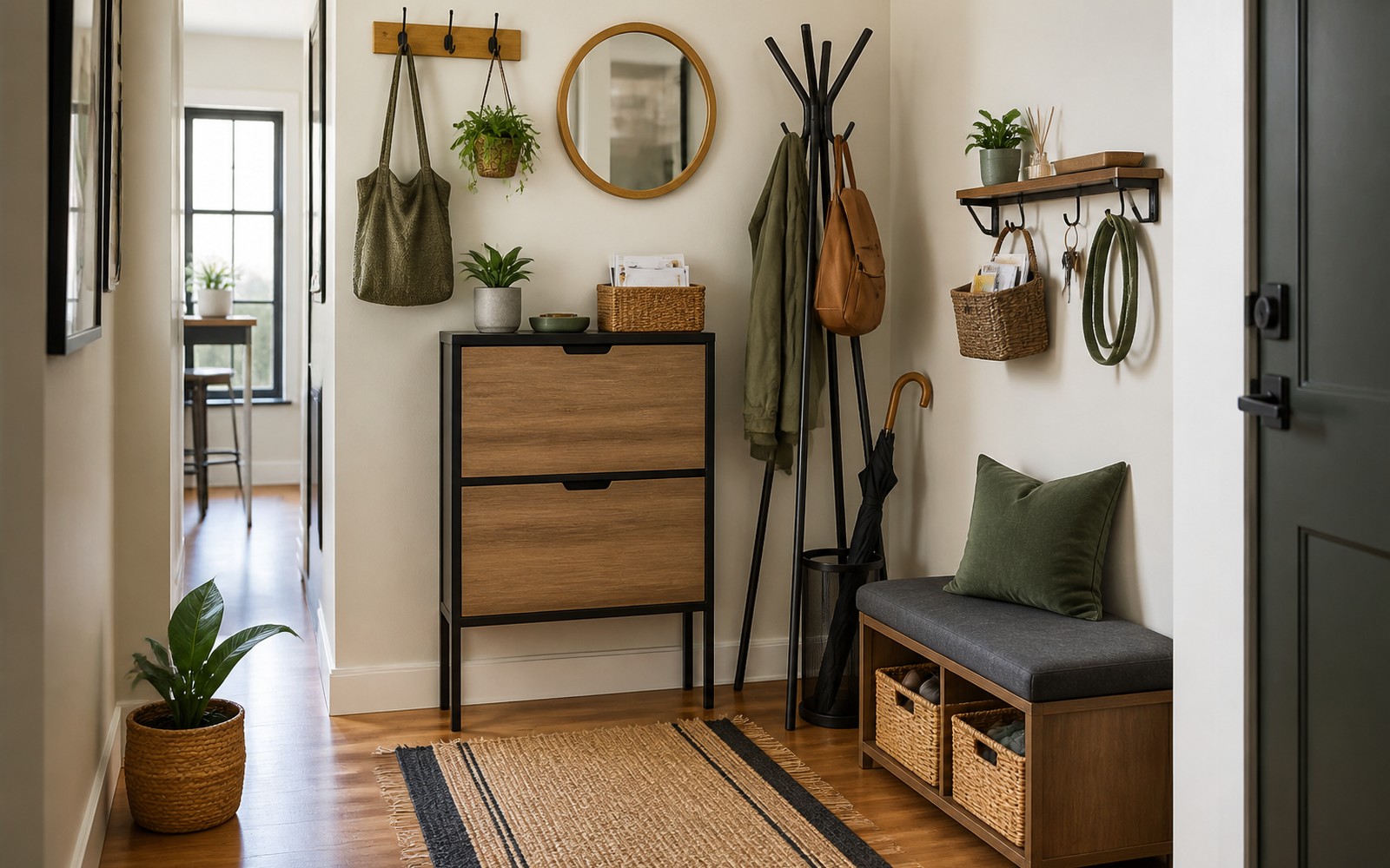 Small apartment shoe storage ideas with a warm generated entryway bench and shoe storage