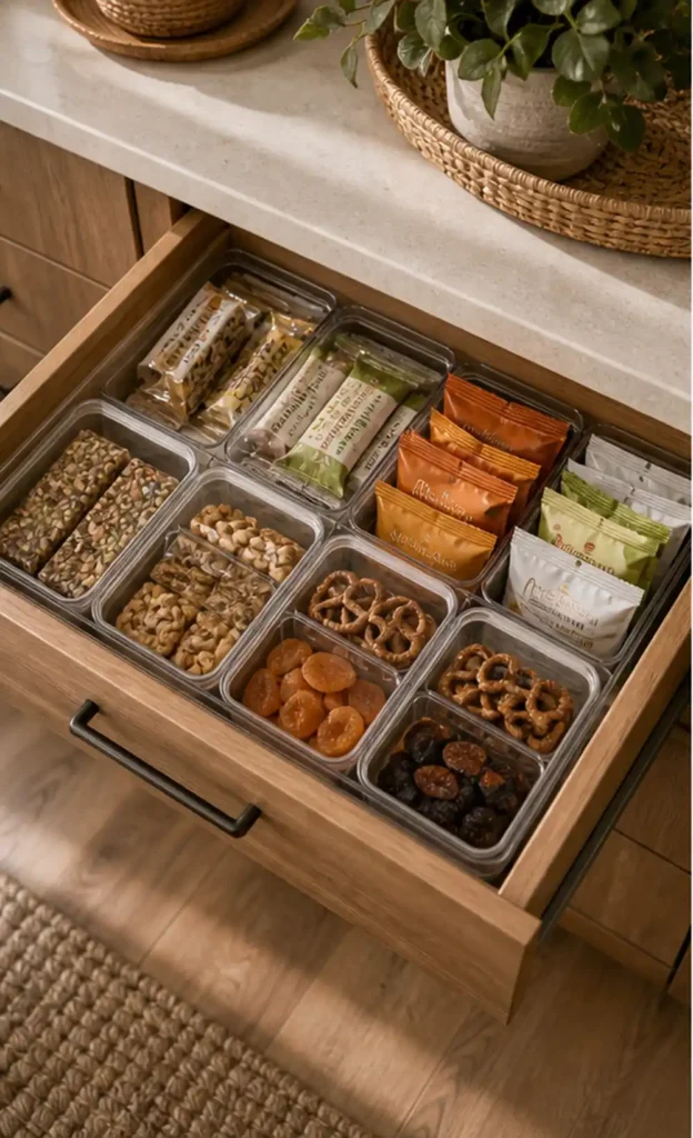 small apartment snack drawer organization divided snack drawer