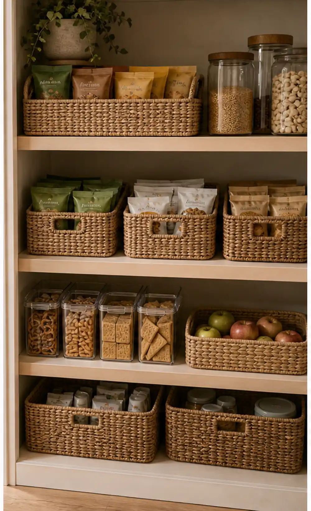 small apartment snack drawer organization pantry snack basket shelf